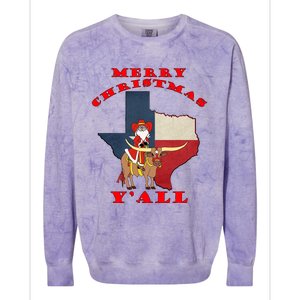 Texas Merry Christmas YAll Santa On Bull Design Colorblast Crewneck Sweatshirt