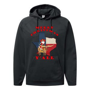 Texas Merry Christmas YAll Santa On Bull Design Performance Fleece Hoodie