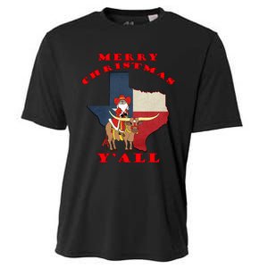 Texas Merry Christmas YAll Santa On Bull Design Cooling Performance Crew T-Shirt