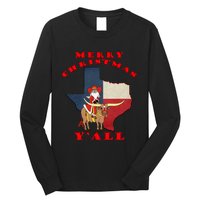 Texas Merry Christmas YAll Santa On Bull Design Long Sleeve Shirt