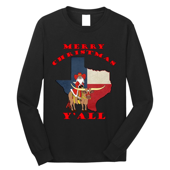 Texas Merry Christmas YAll Santa On Bull Design Long Sleeve Shirt