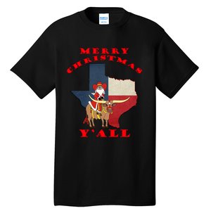 Texas Merry Christmas YAll Santa On Bull Design Tall T-Shirt