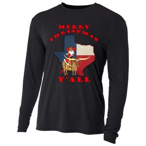 Texas Merry Christmas YAll Santa On Bull Design Cooling Performance Long Sleeve Crew