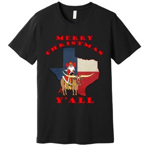 Texas Merry Christmas YAll Santa On Bull Design Premium T-Shirt