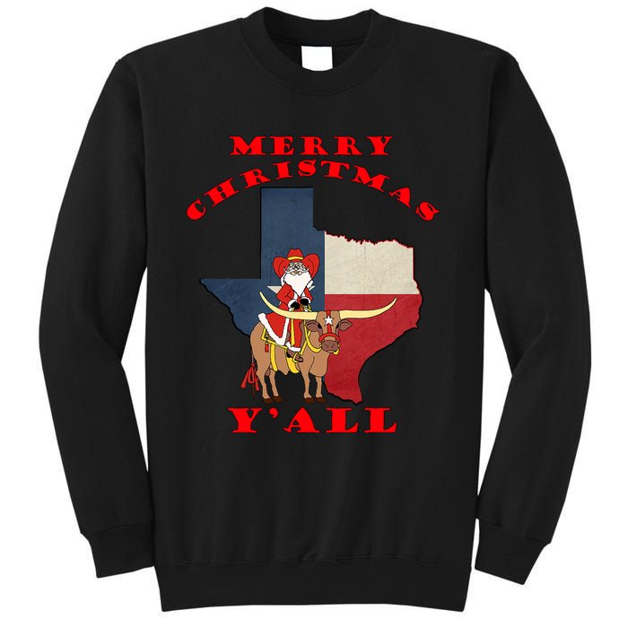 Texas Merry Christmas YAll Santa On Bull Design Tall Sweatshirt