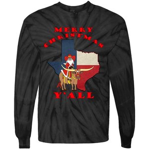 Texas Merry Christmas YAll Santa On Bull Design Tie-Dye Long Sleeve Shirt