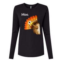 Turkey Moo Cow Funny Thanksgiving Womens Cotton Relaxed Long Sleeve T-Shirt