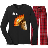 Turkey Moo Cow Funny Thanksgiving Women's Long Sleeve Flannel Pajama Set 