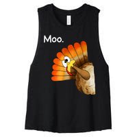 Turkey Moo Cow Funny Thanksgiving Women's Racerback Cropped Tank