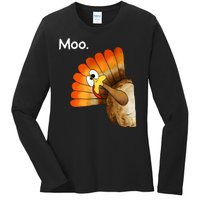 Turkey Moo Cow Funny Thanksgiving Ladies Long Sleeve Shirt