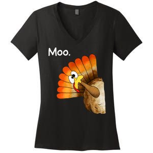 Turkey Moo Cow Funny Thanksgiving Women's V-Neck T-Shirt