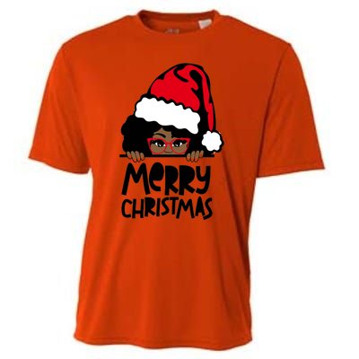 That Melanin Christmas Mrs Claus Santa Black Peeking Claus Gift Cooling Performance Crew T-Shirt