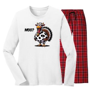 Turkey Moo Cow Funny Thanksgiving Women's Long Sleeve Flannel Pajama Set 