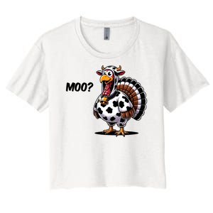 Turkey Moo Cow Funny Thanksgiving Women's Crop Top Tee