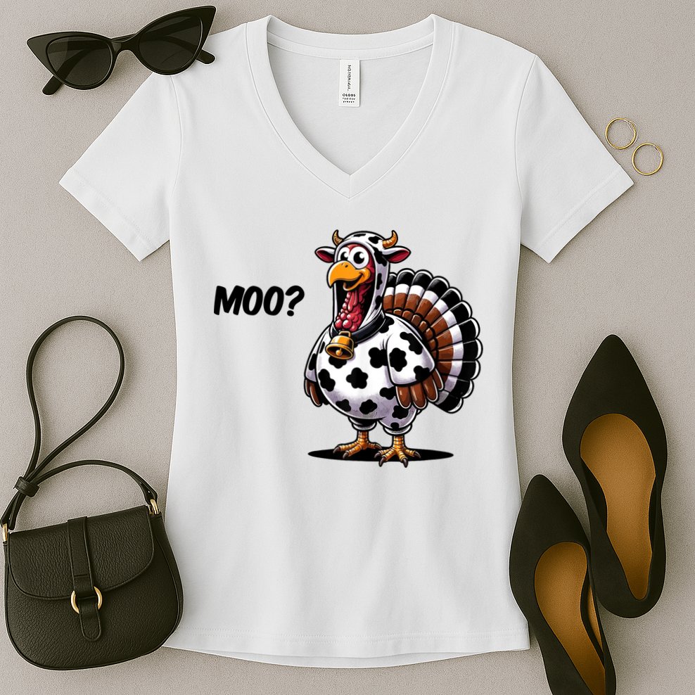 Turkey Moo Cow Funny Thanksgiving Women's V-Neck T-Shirt