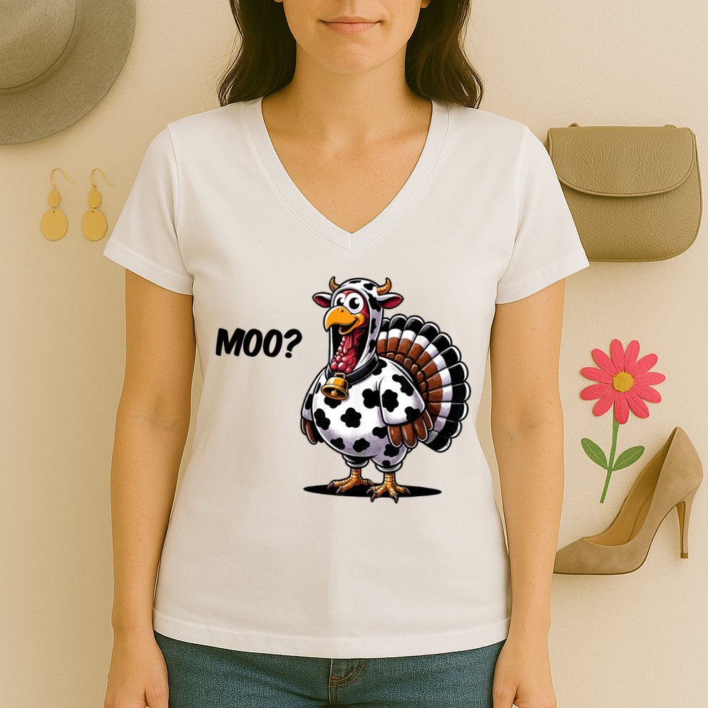 Turkey Moo Cow Funny Thanksgiving Women's V-Neck T-Shirt