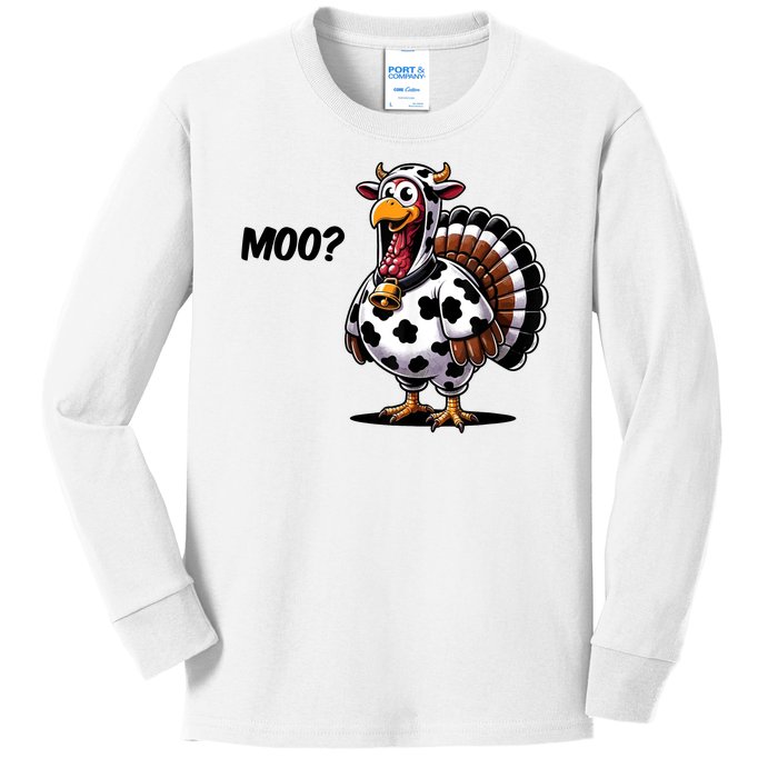 Turkey Moo Cow Funny Thanksgiving Kids Long Sleeve Shirt