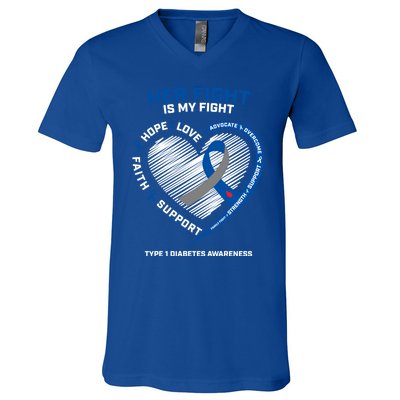 T1d Mom Dad Her Fight Is My Fight Type 1 Diabetes Awareness Gift V-Neck T-Shirt