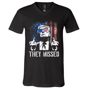 They Missed Donald Trump Shot Trump 2024 Us American Flag V-Neck T-Shirt