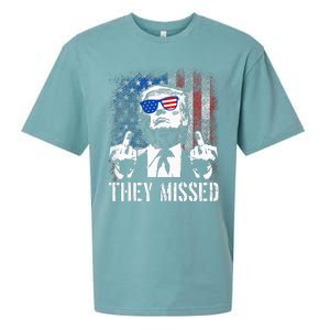 They Missed Donald Trump Shot Trump 2024 Us American Flag Sueded Cloud Jersey T-Shirt