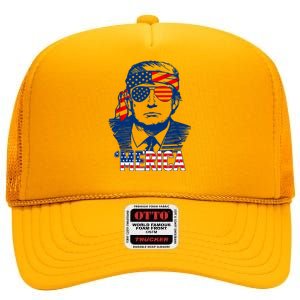 Trump Merica Donald Trump Funny 4th Of July Pro Trump High Crown Mesh Back Trucker Hat