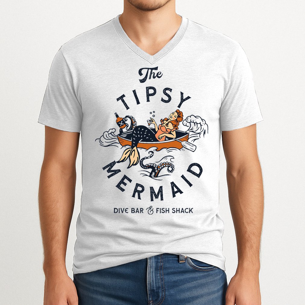 Tipsy Mermaid Dive Bar Cute Retro Pinup V-Neck T-Shirt