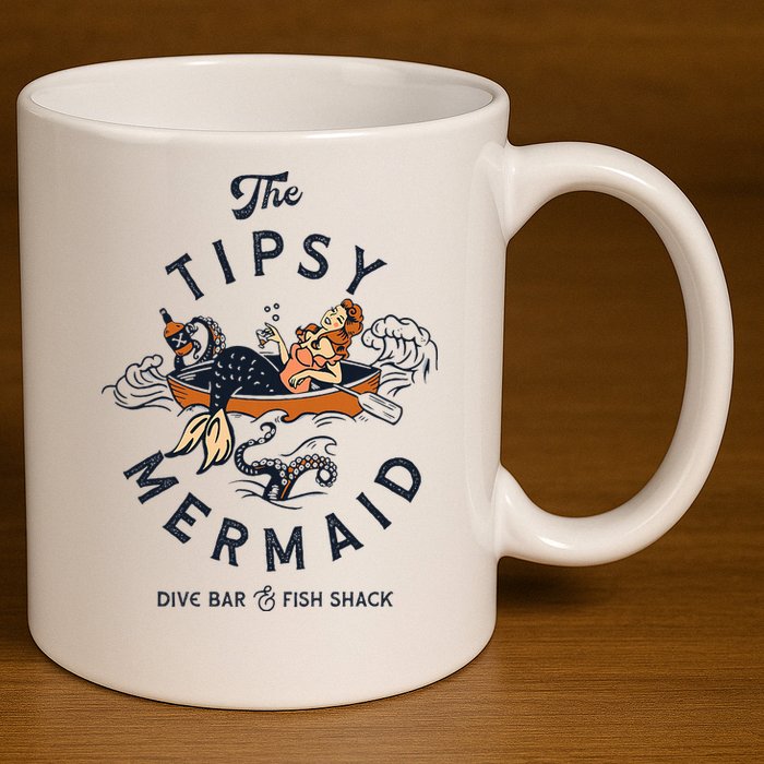 Tipsy Mermaid Dive Bar Cute Retro Pinup 11oz C Handle Ceramic Mug