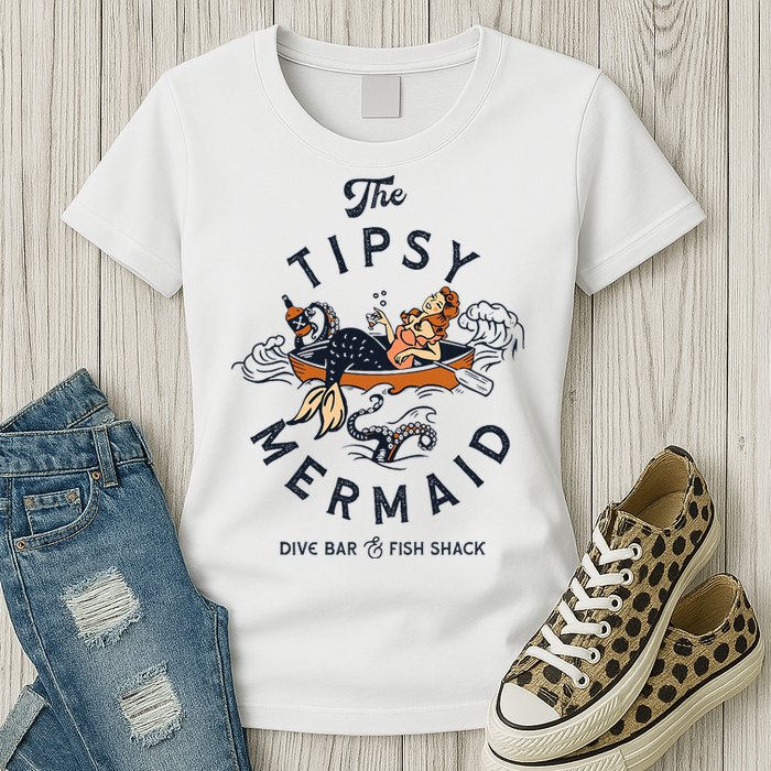 Tipsy Mermaid Dive Bar Cute Retro Pinup Womens T-Shirt