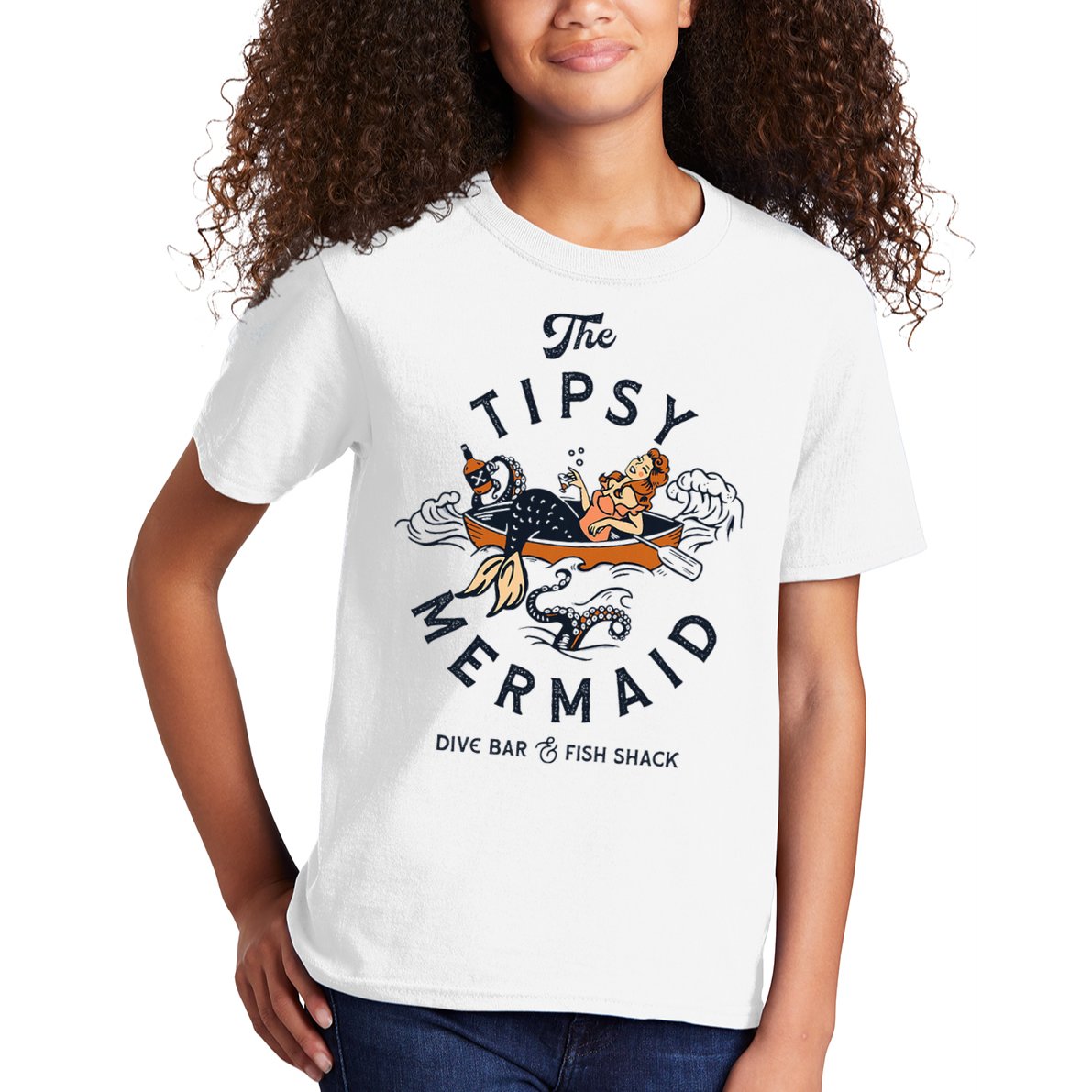 Tipsy Mermaid Dive Bar Cute Retro Pinup Kids T-Shirt