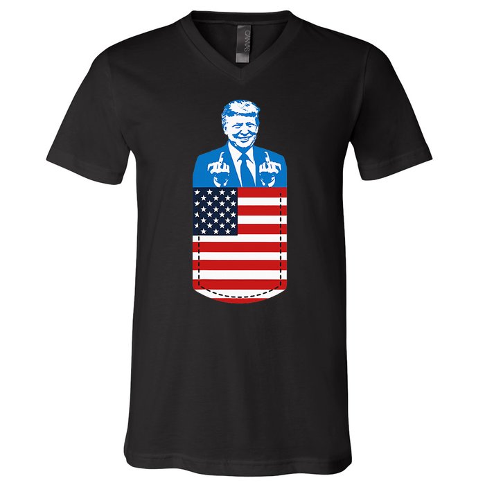 Trump Middle Finger Pocket 2020 Election Usa Republican Gift V-Neck T-Shirt