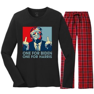 Trump Middle Finger Biden Harris Republican American Flag Women's Long Sleeve Flannel Pajama Set 