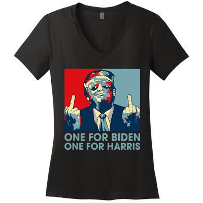 Trump Middle Finger Biden Harris Republican American Flag Women's V-Neck T-Shirt