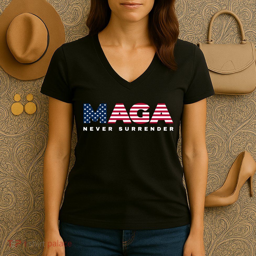 Trump Maga Freedom Never Surrender 4th Of July 2024 Usa Flag Hoodie Women's V-Neck T-Shirt