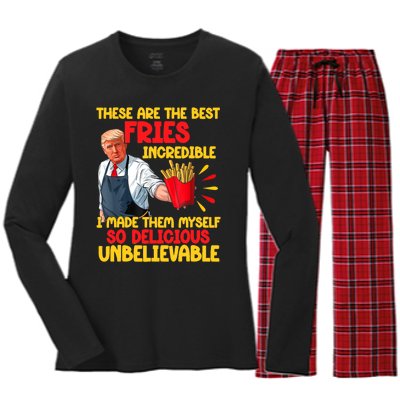 Trump Make Fries Great Again 2024 Funny Meme Trump Gift Women's Long Sleeve Flannel Pajama Set 