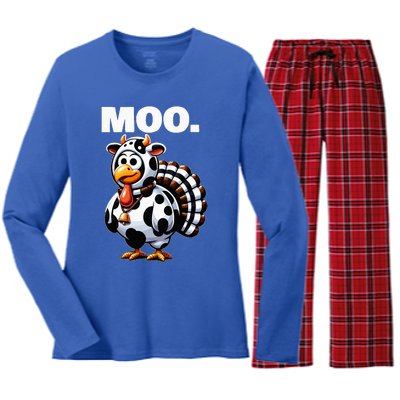 Turkey Moo Funny Thanksgiving Women's Long Sleeve Flannel Pajama Set 