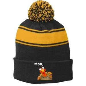 Turkey Moo Funny Thanksgiving Fake Cow Stripe Pom Pom Beanie