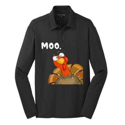 Turkey Moo Funny Thanksgiving Fake Cow Silk Touch Performance Long Sleeve Polo