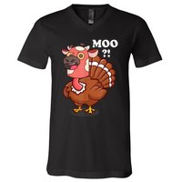 Turkey Moo Funny Thanksgiving V-Neck T-Shirt