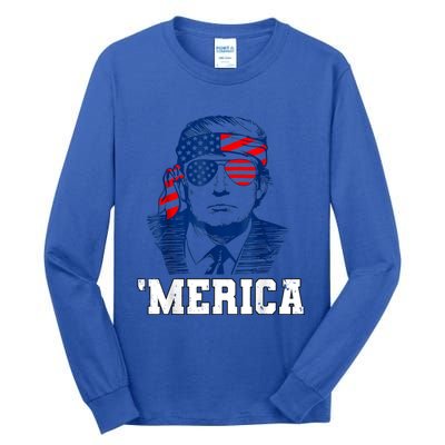 Trump Merica Funny Trump 4th Of July 2024 Sunglasses Us Flag Gift Tall Long Sleeve T-Shirt