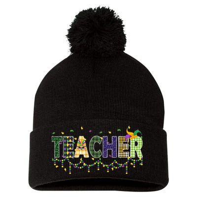 Teacher Mardi Gras Celebration Pom Pom 12in Knit Beanie