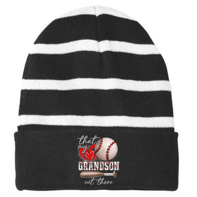 ThatS My Grandson Out There Gifts Women Baseball Grandma Striped Beanie with Solid Band