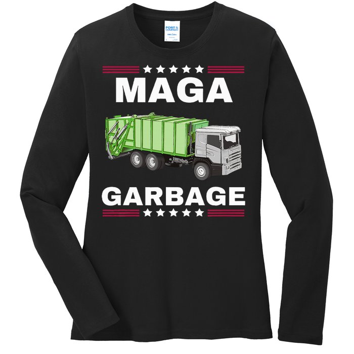 Trump Maga Garbage Truck American Flag Ladies Long Sleeve Shirt