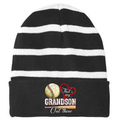 Thats My Grandson Out There Baseball Grandma Mothers Day Striped Beanie with Solid Band