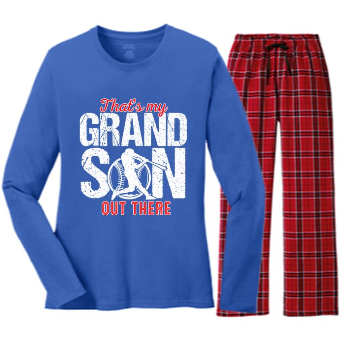 That My Grand Son Out There Baseball FatherS Day Great Gift Women's Long Sleeve Flannel Pajama Set 