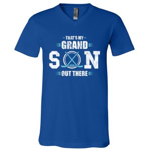 That's My Grandson Out There Ice Hockey Grandma Grandpa Gift V-Neck T-Shirt