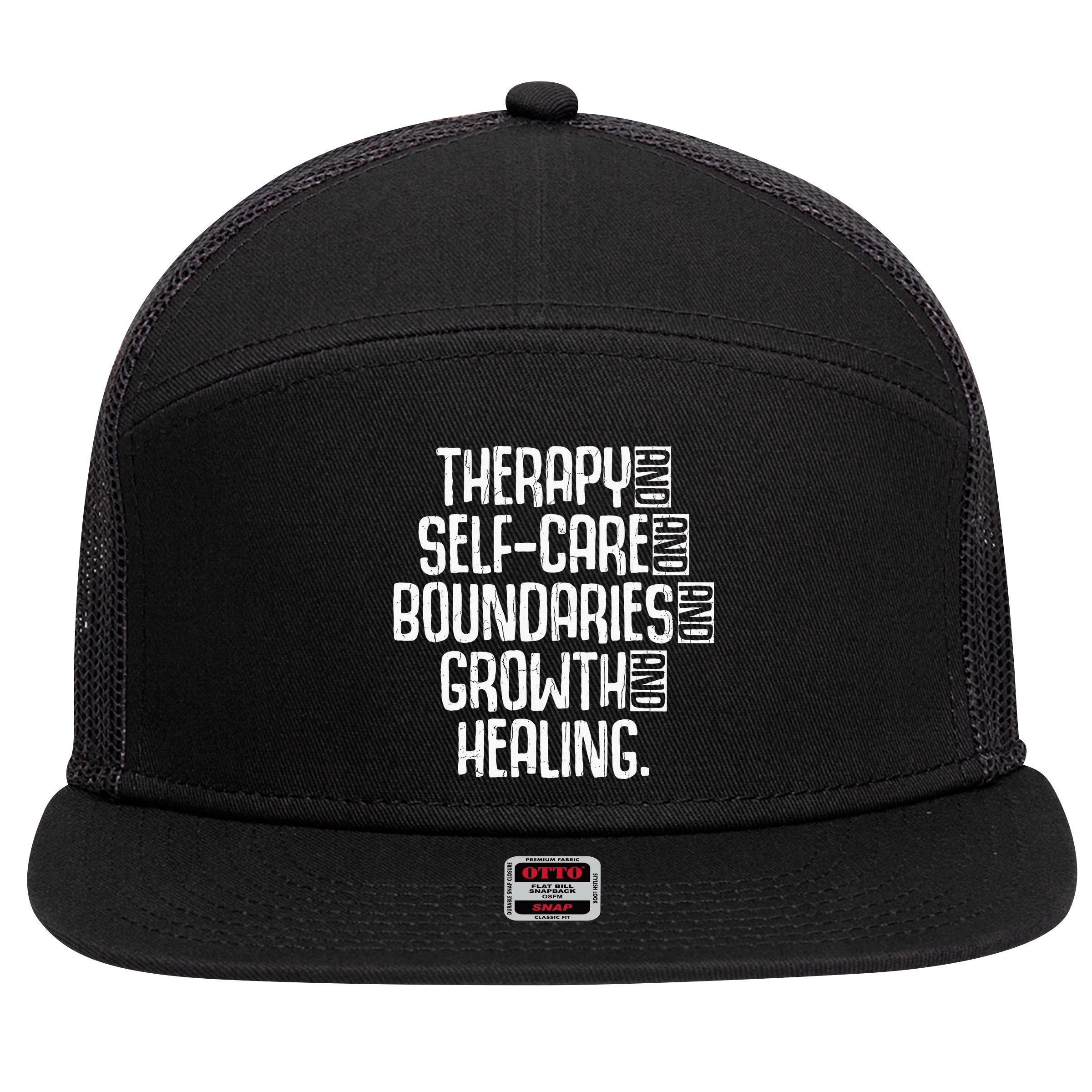 Therapy Mental Health Awareness Graphic 7 Panel Mesh Trucker Snapback Hat