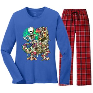 TRex Mummy Halloween Moonlight Skeleton Dinosaur T Rex Gift Women's Long Sleeve Flannel Pajama Set 