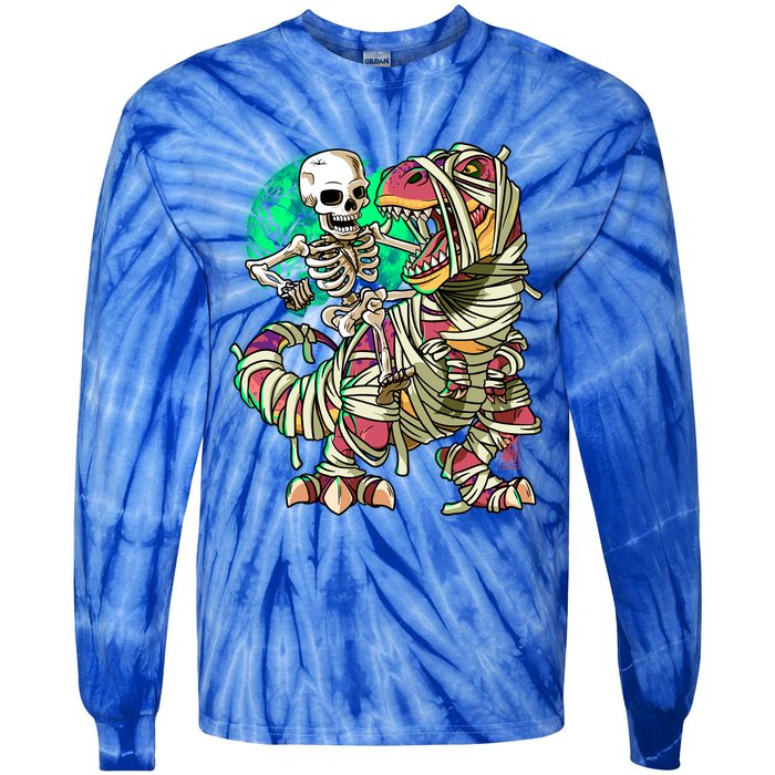 TRex Mummy Halloween Moonlight Skeleton Dinosaur T Rex Gift Tie-Dye Long Sleeve Shirt