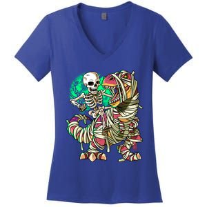 TRex Mummy Halloween Moonlight Skeleton Dinosaur T Rex Gift Women's V-Neck T-Shirt