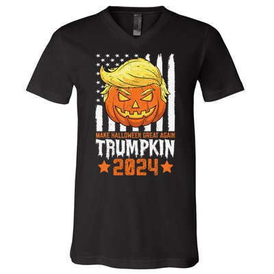 Trumpkin Make Halloween Great Again Flag Pumpkin Trump 2024 V-Neck T-Shirt